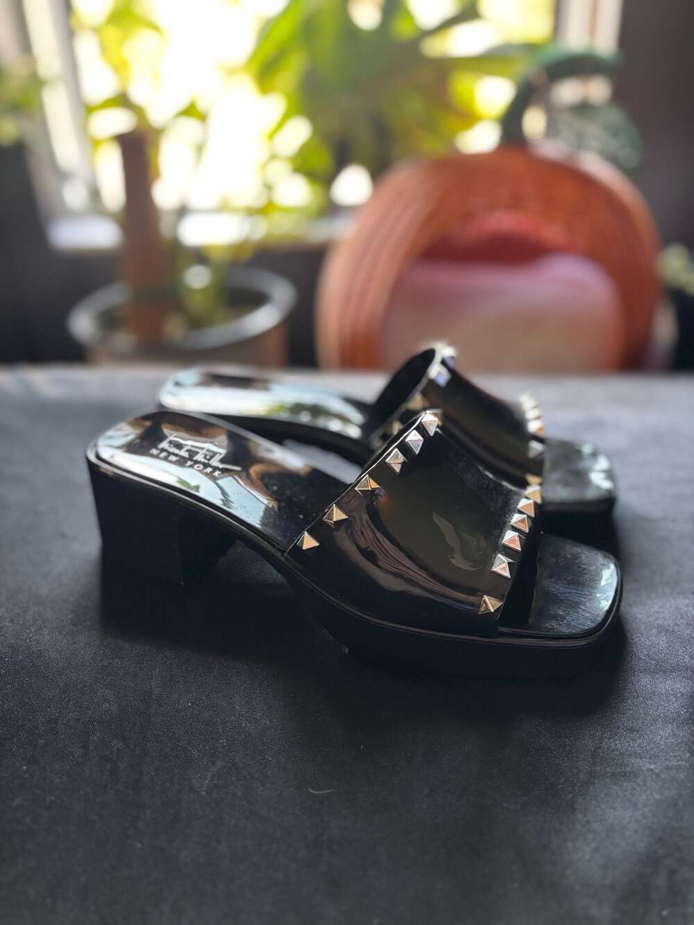 Nicole Miller New York black studded jelly block heel slide sandals